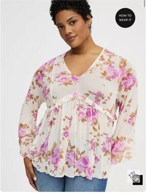 torrid Cream Floral V-Neck Peasant Blouse with Pink Roses